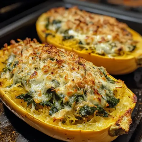 Spinat und Artischocken gefüllter Spaghettikürbis