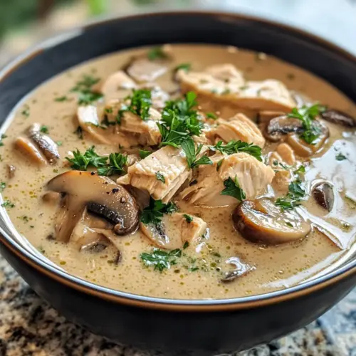 Cremige Rotisserie-Hühnchen-Pilzsuppe