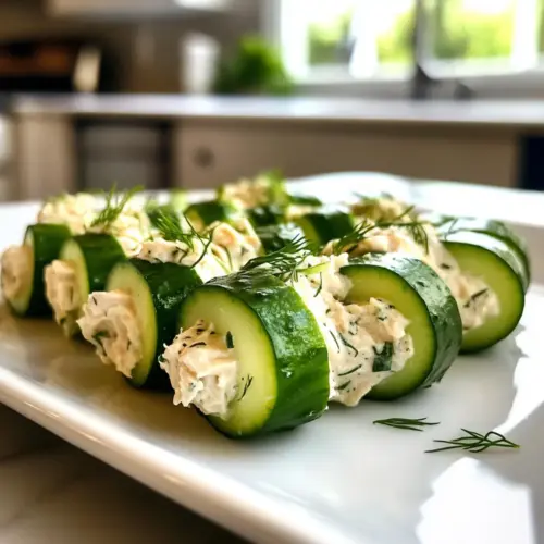 Knuspriger Hähnchensalat Gurkenröllchen