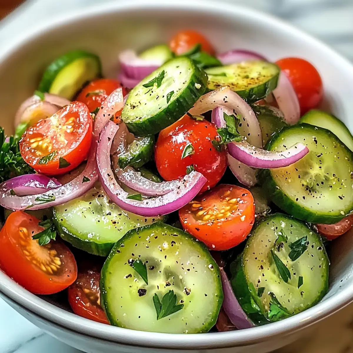 Gurken-, Zwiebel- und Tomatensalat-Glück